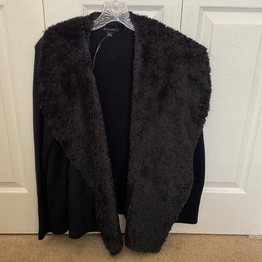 H for Halston black multi-textured sweater;faux fur collar, suede front;pockets